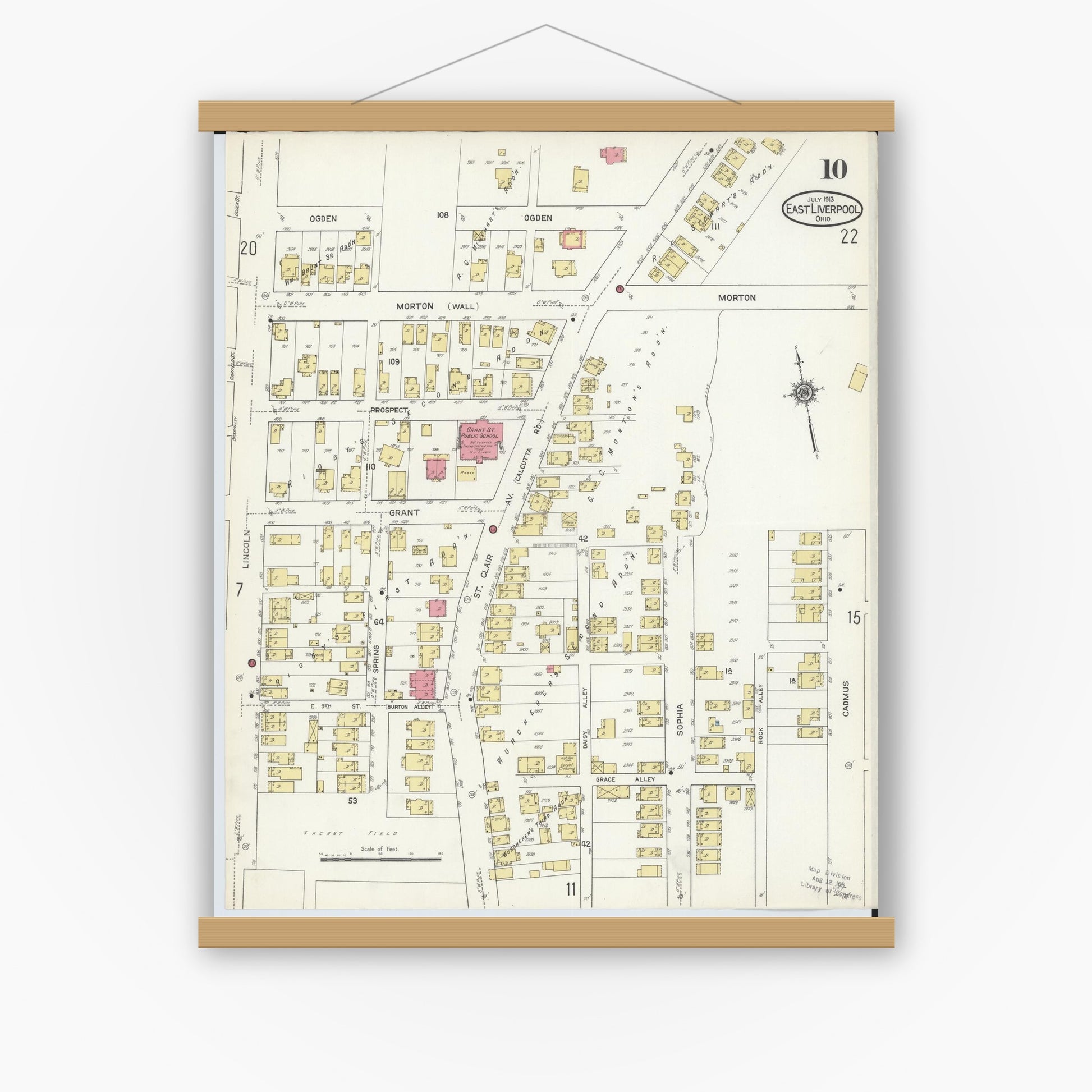 Old map wall art mockup — magnetic wood frame on white wall — Sanborn Fire Insurance Map from East Liverpool, Columbiana County, Ohio (1913), Sheet #0010