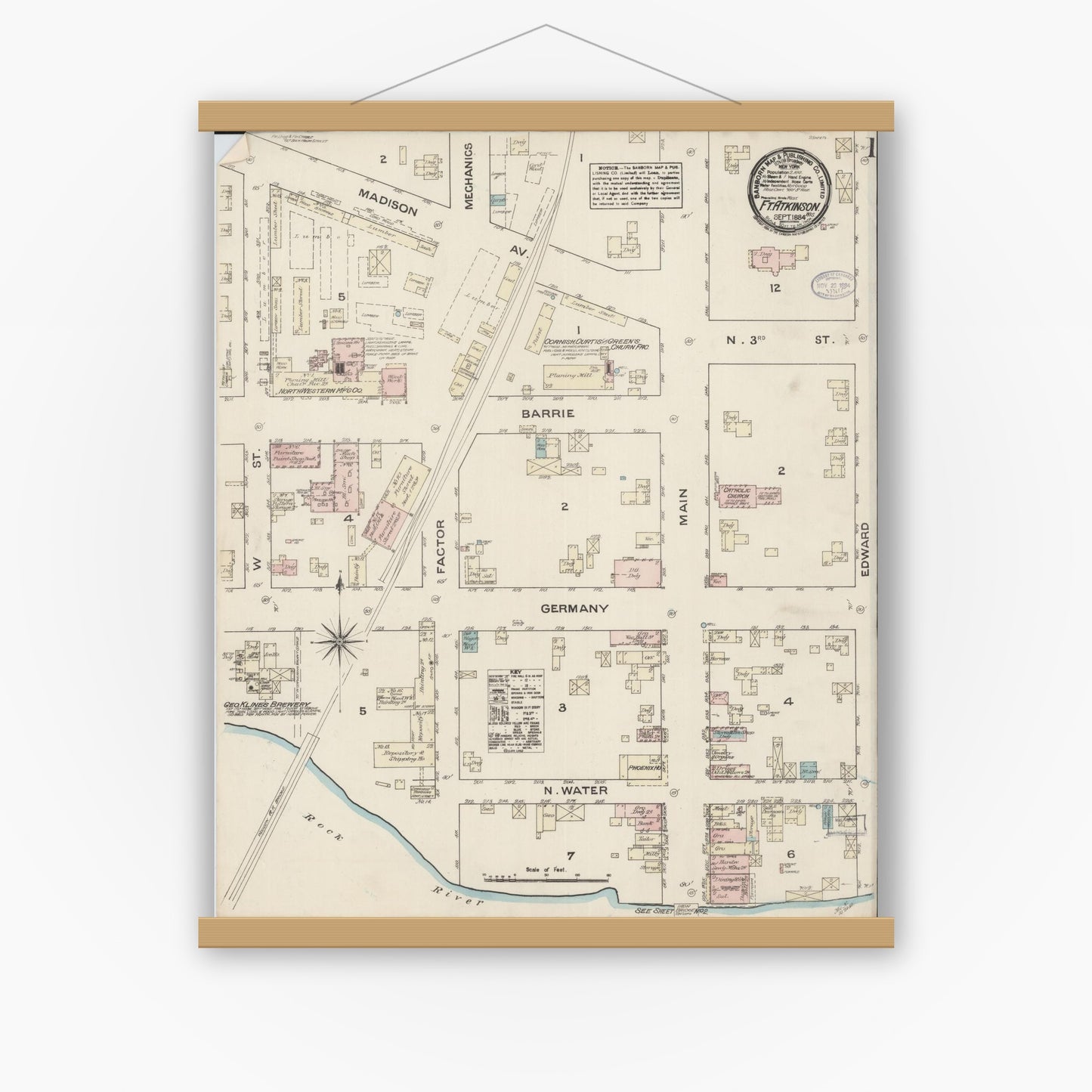 Old map wall art mockup — magnetic wood frame on white wall — Sanborn Fire Insurance Map from Fort Atkinson, Jefferson County, Wisconsin (1884) - Complete Map Set