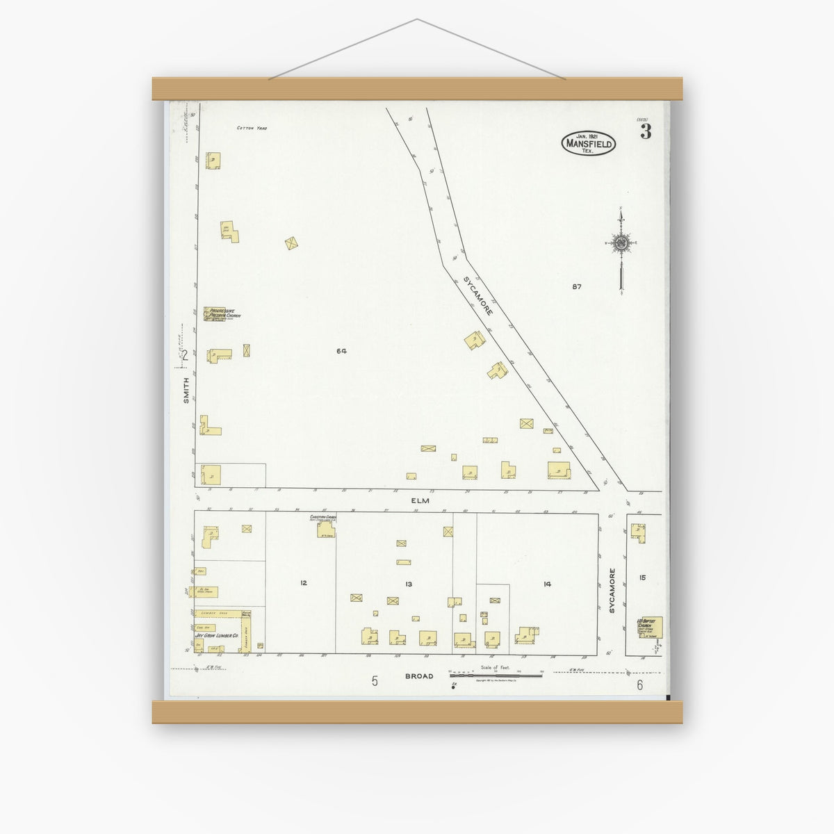 Old map wall art mockup — magnetic wood frame on white wall — Sanborn Fire Insurance Map from Mansfield, Tarrant County, Texas (1921), Sheet #0003
