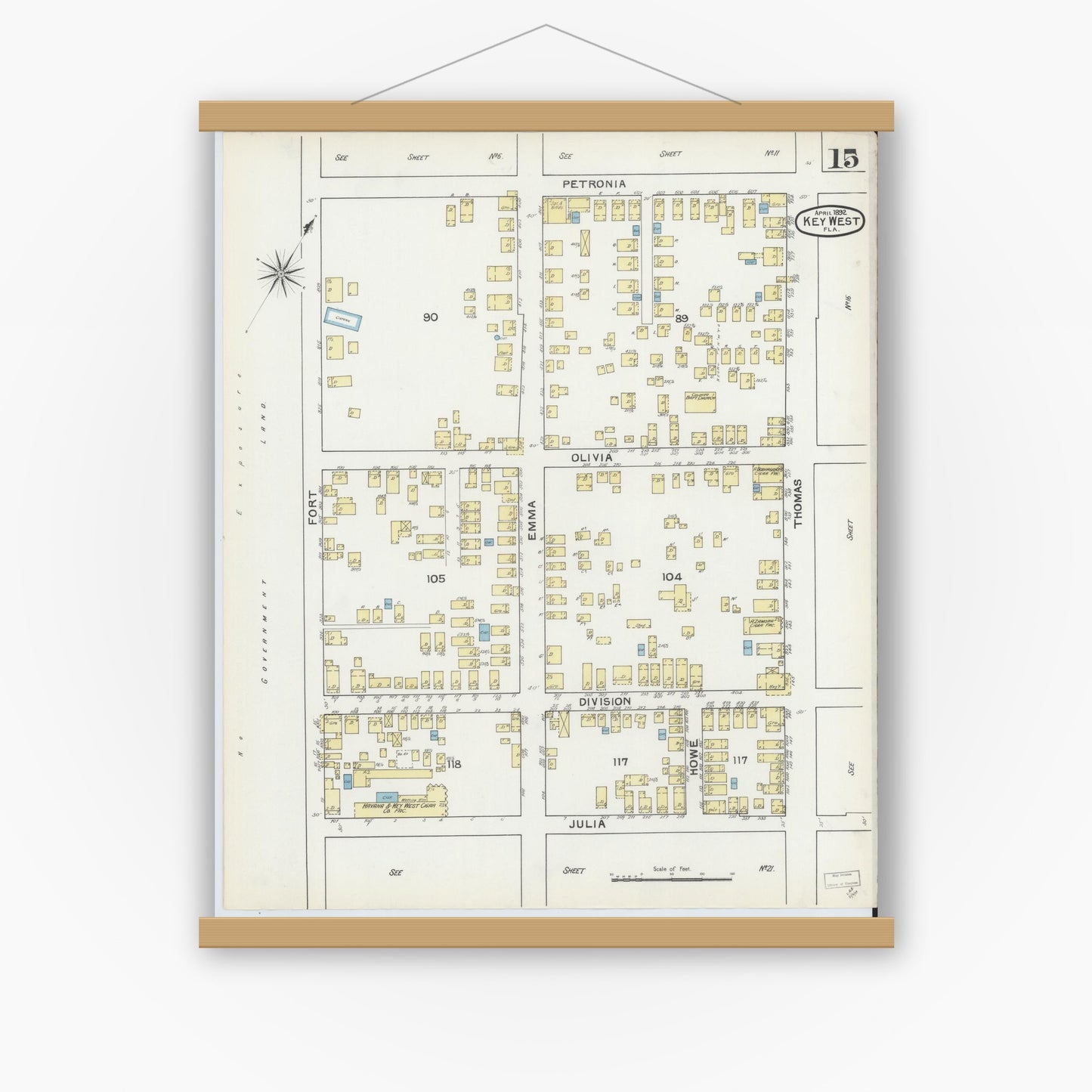 Old map wall art mockup — magnetic wood frame on white wall — Sanborn Fire Insurance Map from Key West, Monroe County, Florida (1892), Sheet #0015