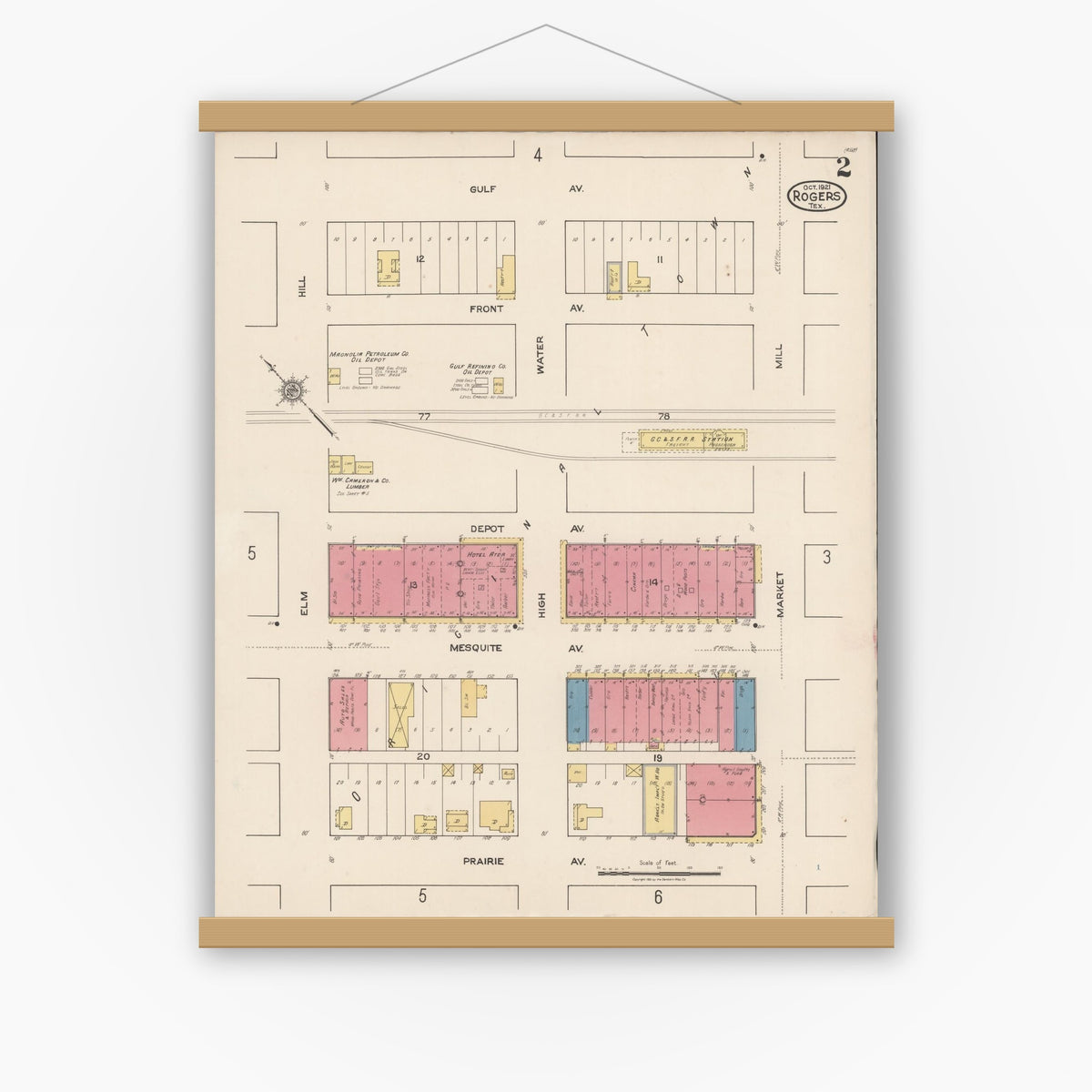 Old map wall art mockup — magnetic wood frame on white wall — Sanborn Fire Insurance Map from Rogers, Bell County, Texas (1921), Sheet #0002