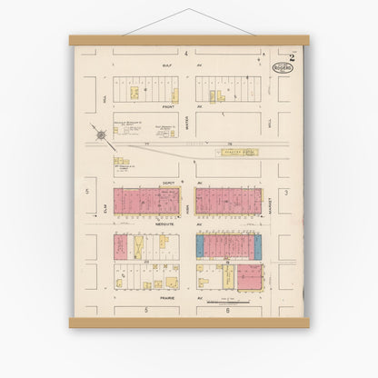 Old map wall art mockup — magnetic wood frame on white wall — Sanborn Fire Insurance Map from Rogers, Bell County, Texas (1921), Sheet #0002