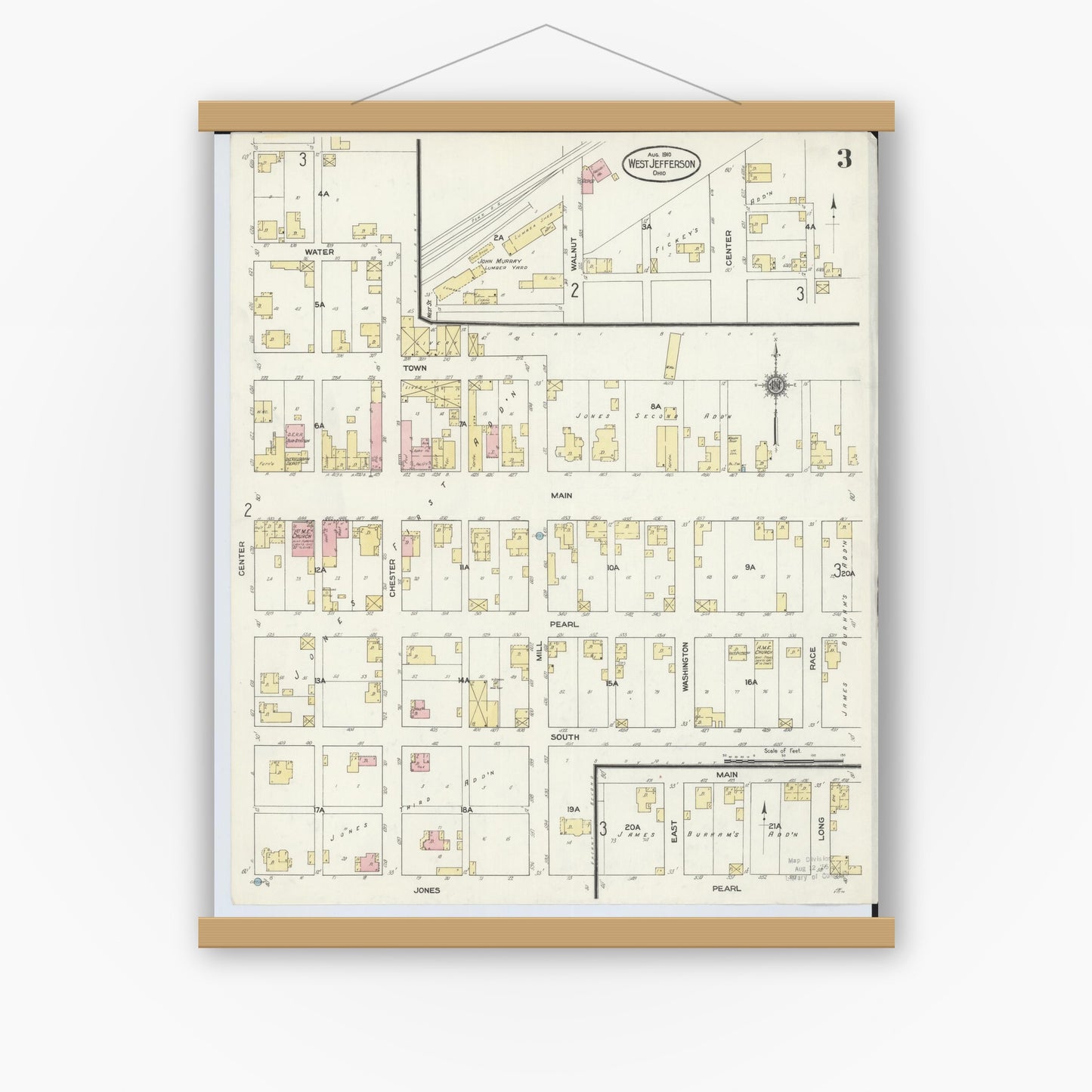 Old map wall art mockup — magnetic wood frame on white wall — Sanborn Fire Insurance Map from West Jefferson, Madison County, Ohio (1910), Sheet #0003