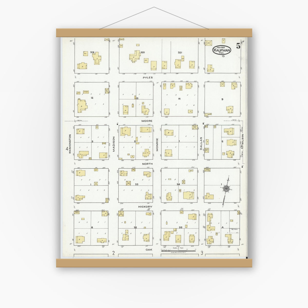 Old map wall art mockup — magnetic wood frame on white wall — Sanborn Fire Insurance Map from Kaufman, Kaufman County, Texas (1920), Sheet #0005