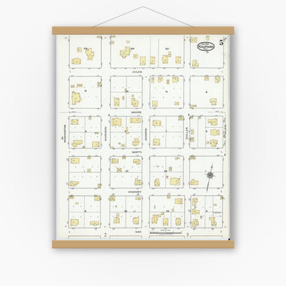 Old map wall art mockup — magnetic wood frame on white wall — Sanborn Fire Insurance Map from Kaufman, Kaufman County, Texas (1920), Sheet #0005