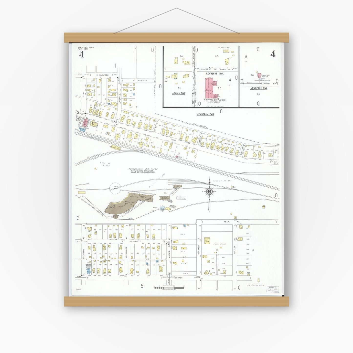 Old map wall art mockup — magnetic wood frame on white wall — Sanborn Fire Insurance Map from Bradford, Darke and Miami Counties, Ohio (1951), Sheet #0004