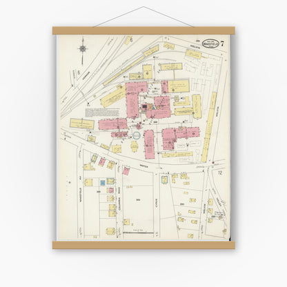 Old map wall art mockup — magnetic wood frame on white wall — Sanborn Fire Insurance Map from Wakefield, Middlesex County, Massachusetts (1915), Sheet #0007