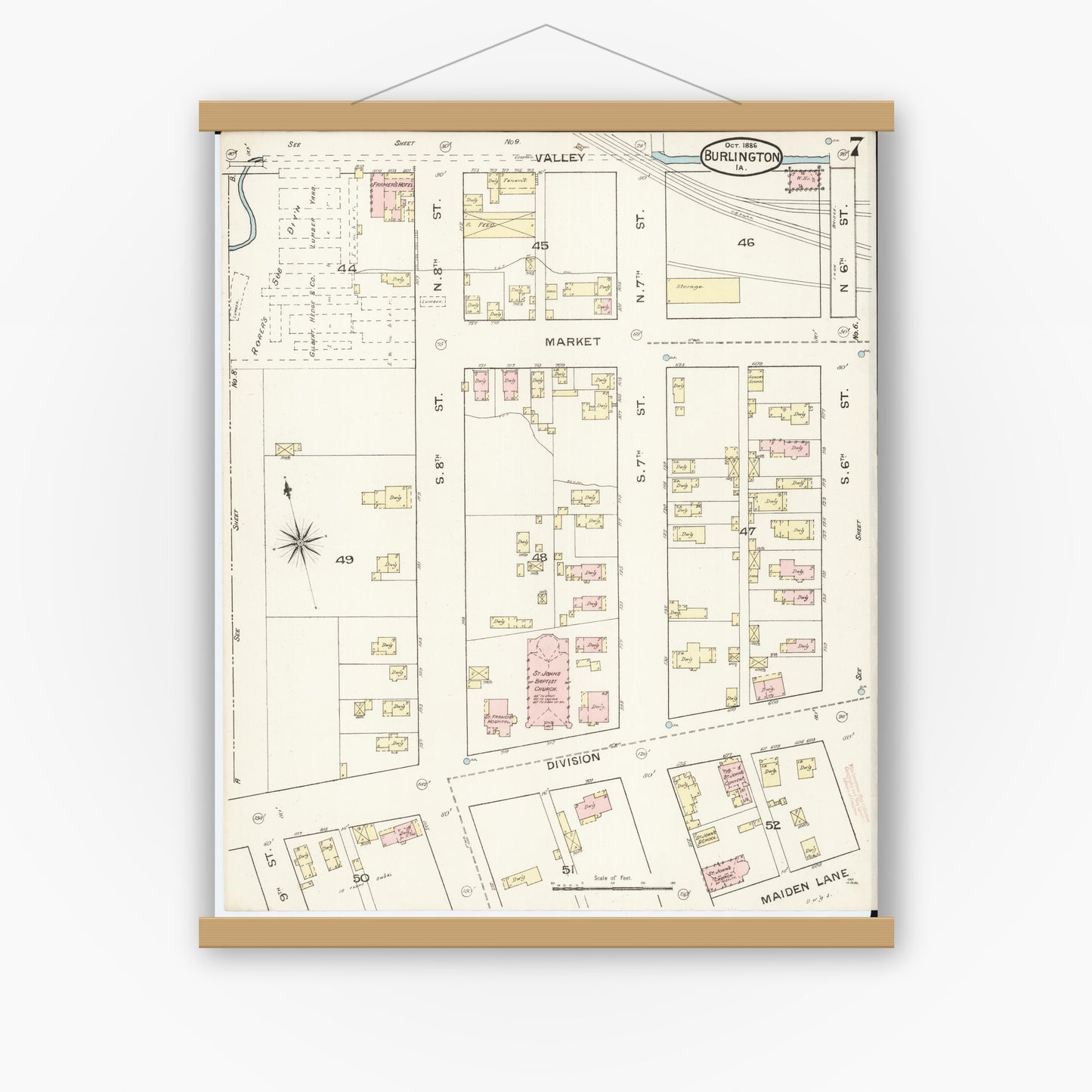 Old map wall art mockup — magnetic wood frame on white wall — Sanborn Fire Insurance Map from Burlington, Des Moines County, Iowa (1888), Sheet #0007