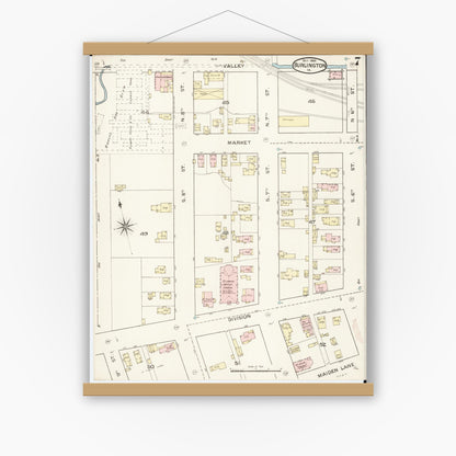 Old map wall art mockup — magnetic wood frame on white wall — Sanborn Fire Insurance Map from Burlington, Des Moines County, Iowa (1888), Sheet #0007