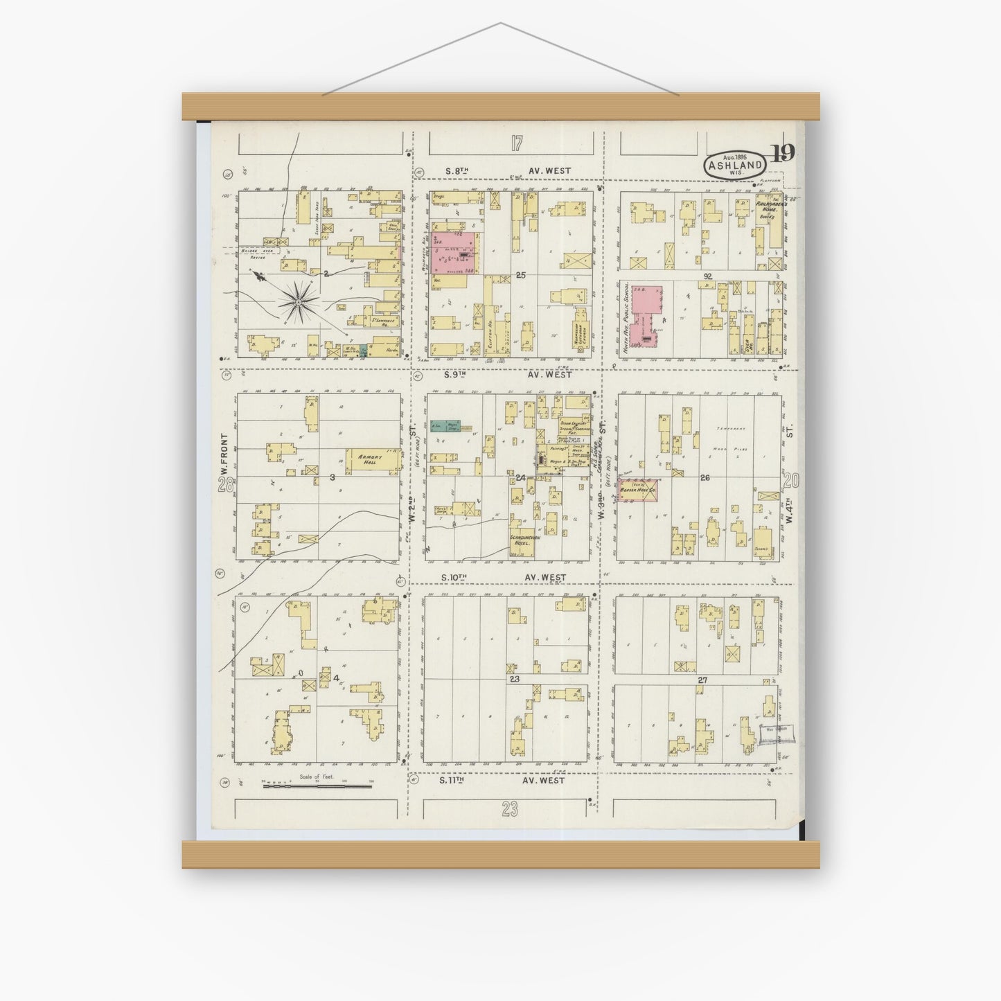Old map wall art mockup — magnetic wood frame on white wall — Sanborn Fire Insurance Map from Ashland, Ashland County, Wisconsin (1895), Sheet #0019