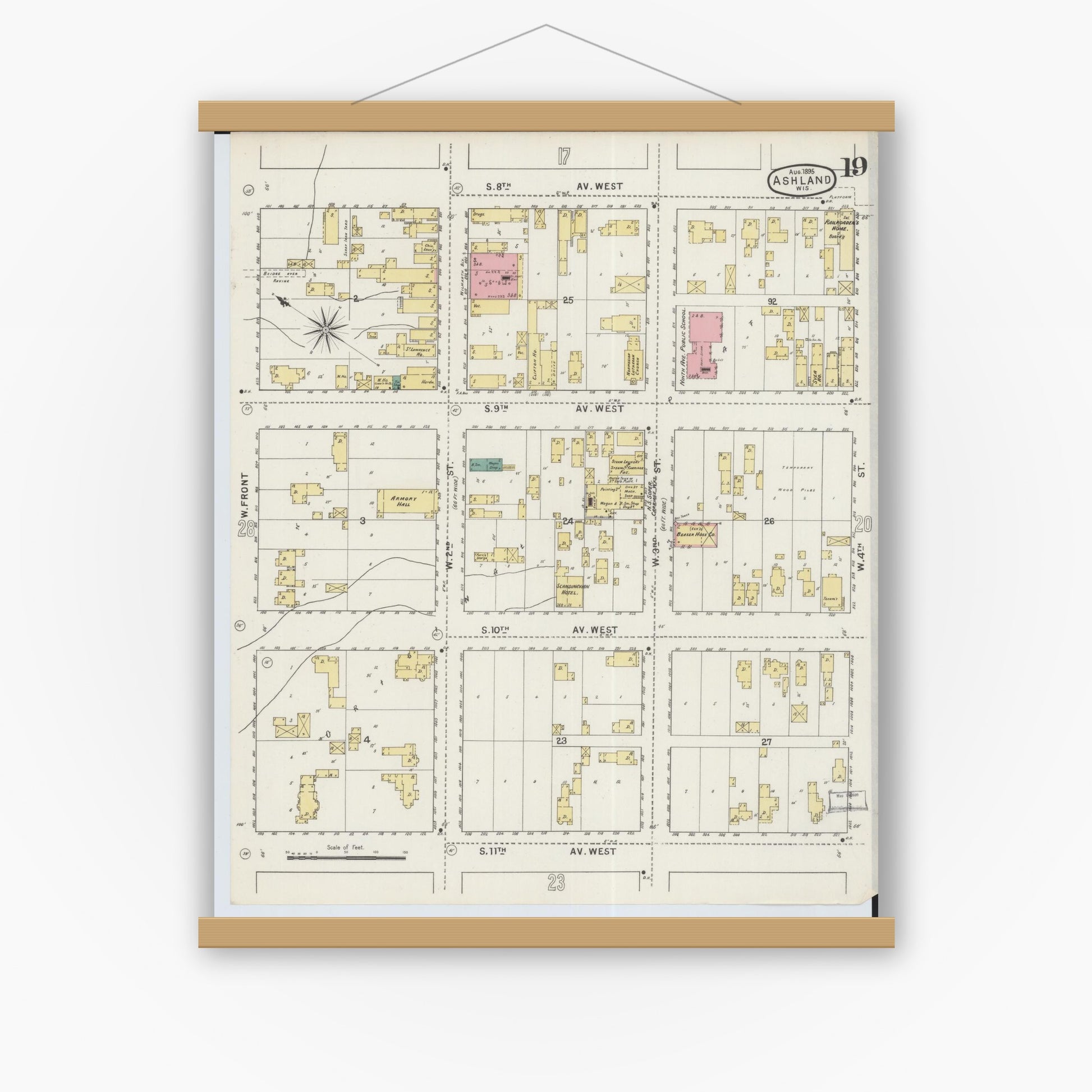 Old map wall art mockup — magnetic wood frame on white wall — Sanborn Fire Insurance Map from Ashland, Ashland County, Wisconsin (1895), Sheet #0019