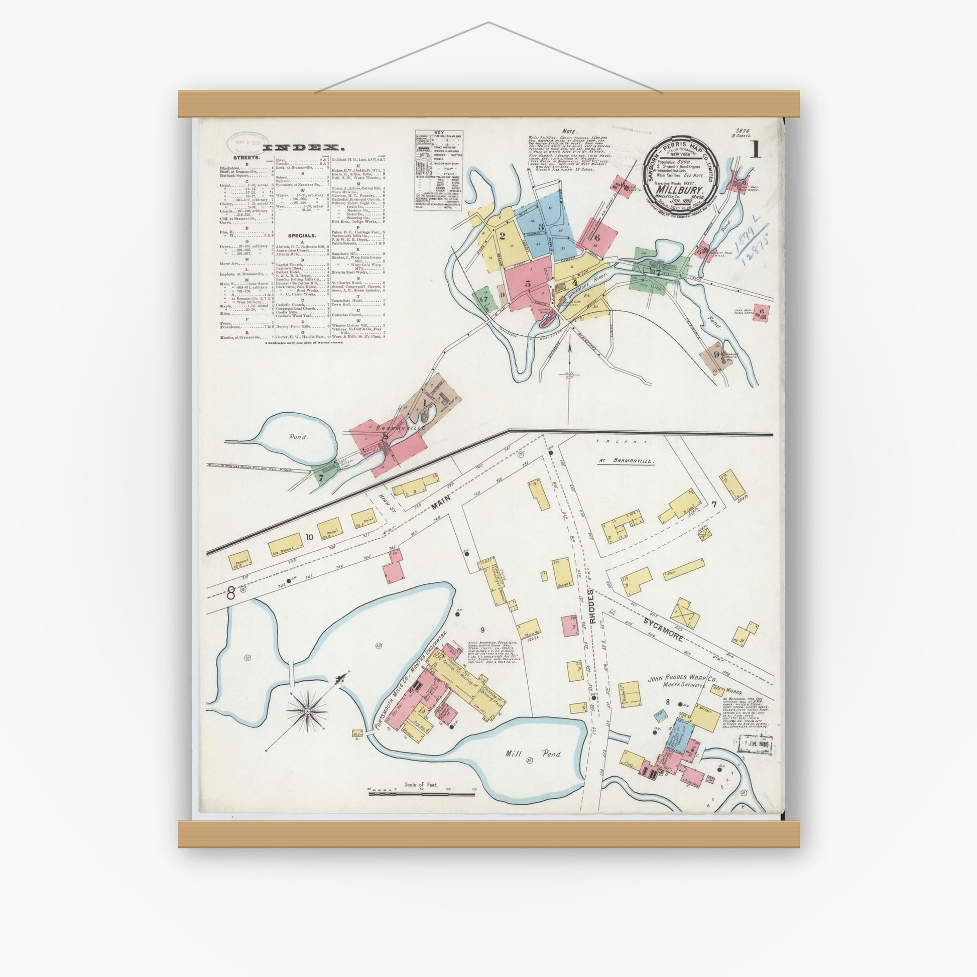 Old map wall art mockup — magnetic wood frame on white wall — Sanborn Fire Insurance Map from Millbury, Worcester County, Massachusetts (1899), Sheet #0001