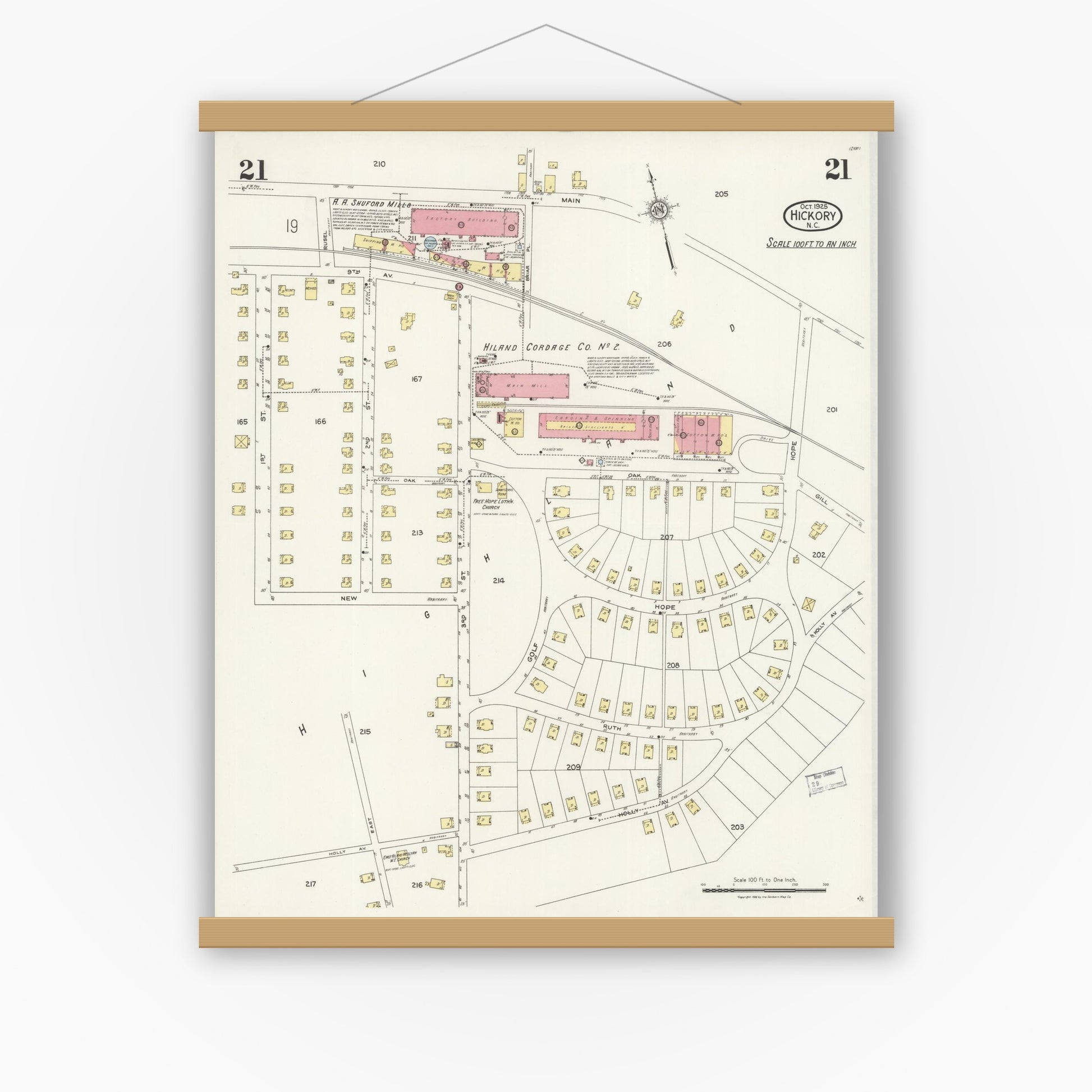 Old map wall art mockup — magnetic wood frame on white wall — Sanborn Fire Insurance Map from Hickory, Catawba County, North Carolina (1925), Sheet #0021