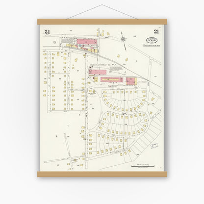 Old map wall art mockup — magnetic wood frame on white wall — Sanborn Fire Insurance Map from Hickory, Catawba County, North Carolina (1925), Sheet #0021
