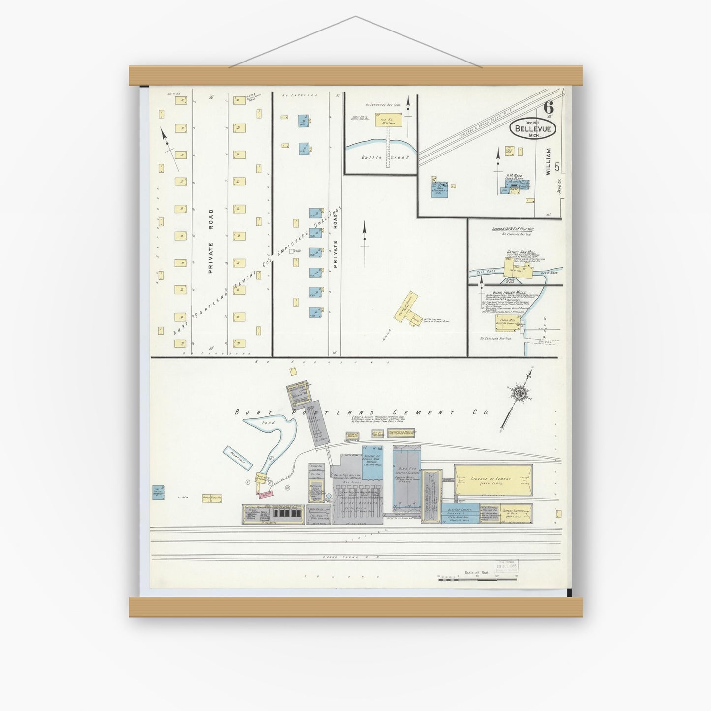 Old map wall art mockup — magnetic wood frame on white wall — Sanborn Fire Insurance Map from Bellevue, Eaton County, Michigan (1911), Sheet #0006