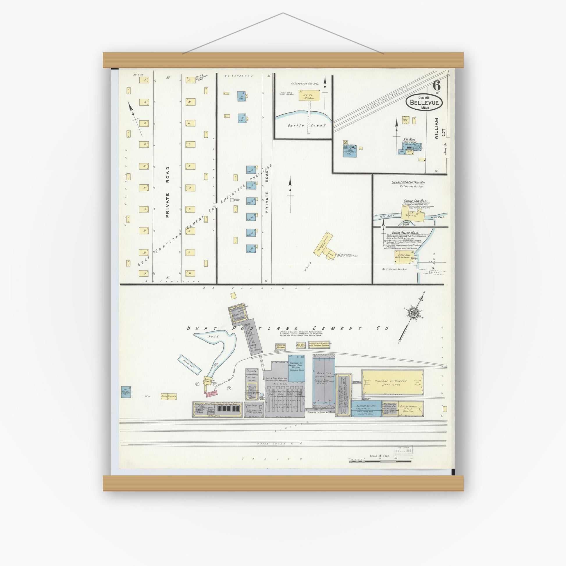 Old map wall art mockup — magnetic wood frame on white wall — Sanborn Fire Insurance Map from Bellevue, Eaton County, Michigan (1911), Sheet #0006