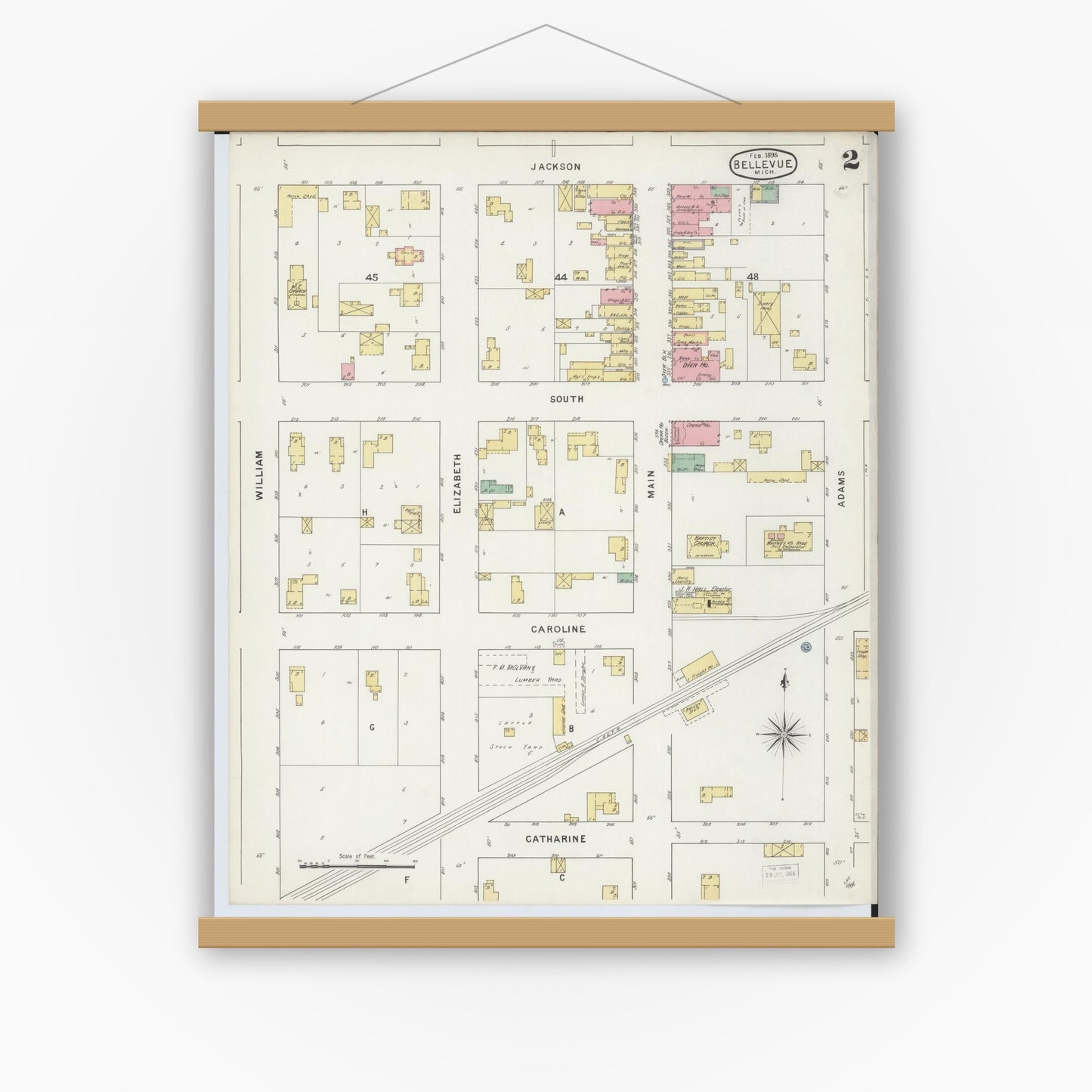 Old map wall art mockup — magnetic wood frame on white wall — Sanborn Fire Insurance Map from Bellevue, Eaton County, Michigan (1895), Sheet #0002