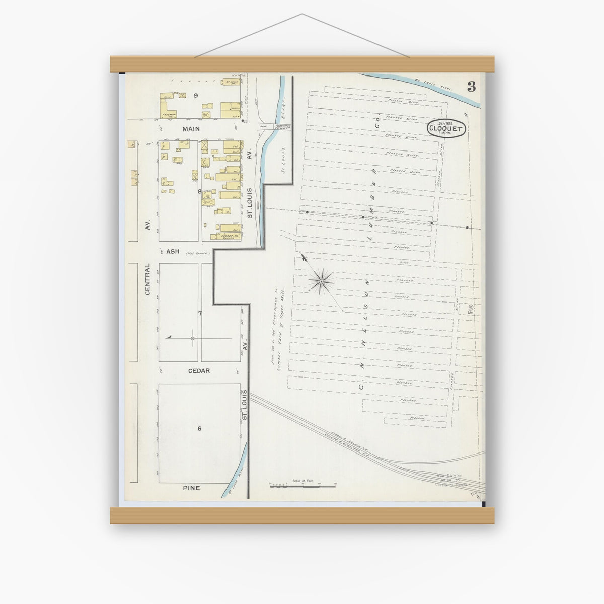 Old map wall art mockup — magnetic wood frame on white wall — Sanborn Fire Insurance Map from Cloquet, Carlton County, Minnesota (1892), Sheet #0003