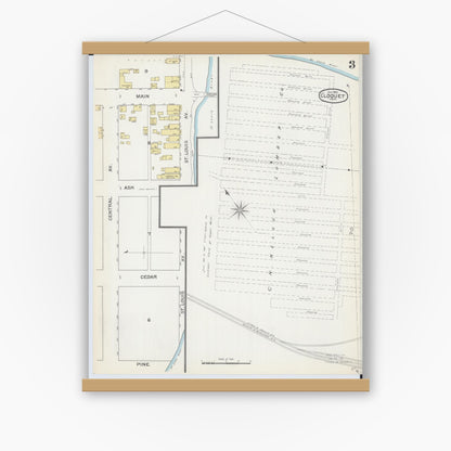 Old map wall art mockup — magnetic wood frame on white wall — Sanborn Fire Insurance Map from Cloquet, Carlton County, Minnesota (1892), Sheet #0003