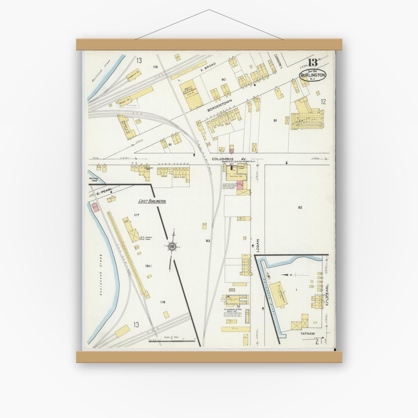 Old map wall art mockup — magnetic wood frame on white wall — Sanborn Fire Insurance Map from Burlington, Burlington County, New Jersey (1915), Sheet #0013