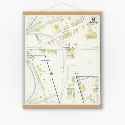 Old map wall art mockup — magnetic wood frame on white wall — Sanborn Fire Insurance Map from Burlington, Burlington County, New Jersey (1915), Sheet #0013