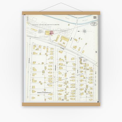 Old map wall art mockup — magnetic wood frame on white wall — Sanborn Fire Insurance Map from Flint, Genesee County, Michigan (1902), Sheet #0021