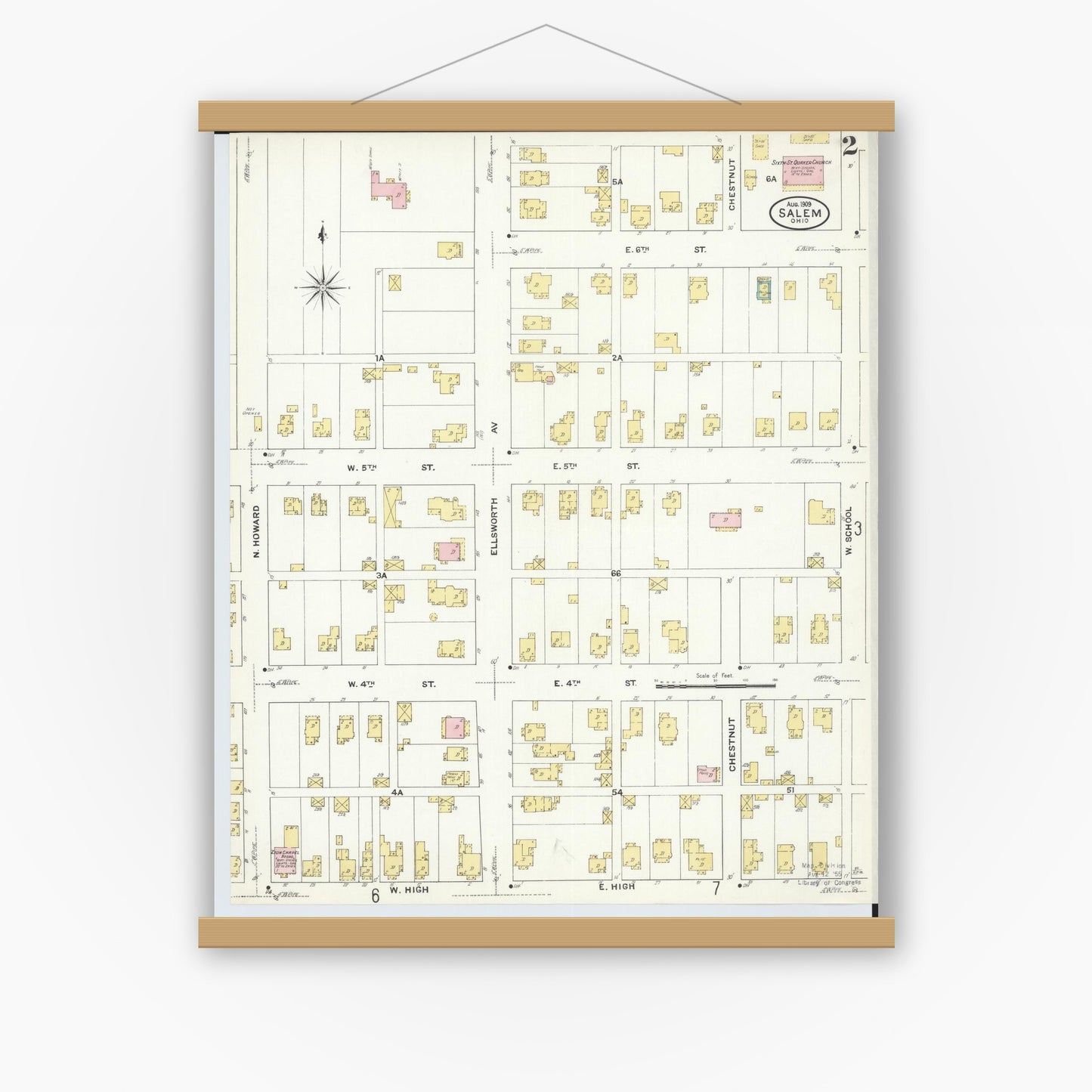 Old map wall art mockup — magnetic wood frame on white wall — Sanborn Fire Insurance Map from Salem, Columbiana County, Ohio (1909), Sheet #0002