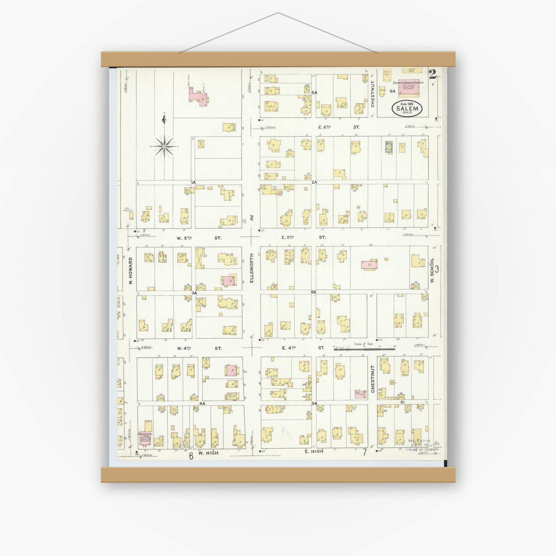 Old map wall art mockup — magnetic wood frame on white wall — Sanborn Fire Insurance Map from Salem, Columbiana County, Ohio (1909), Sheet #0002
