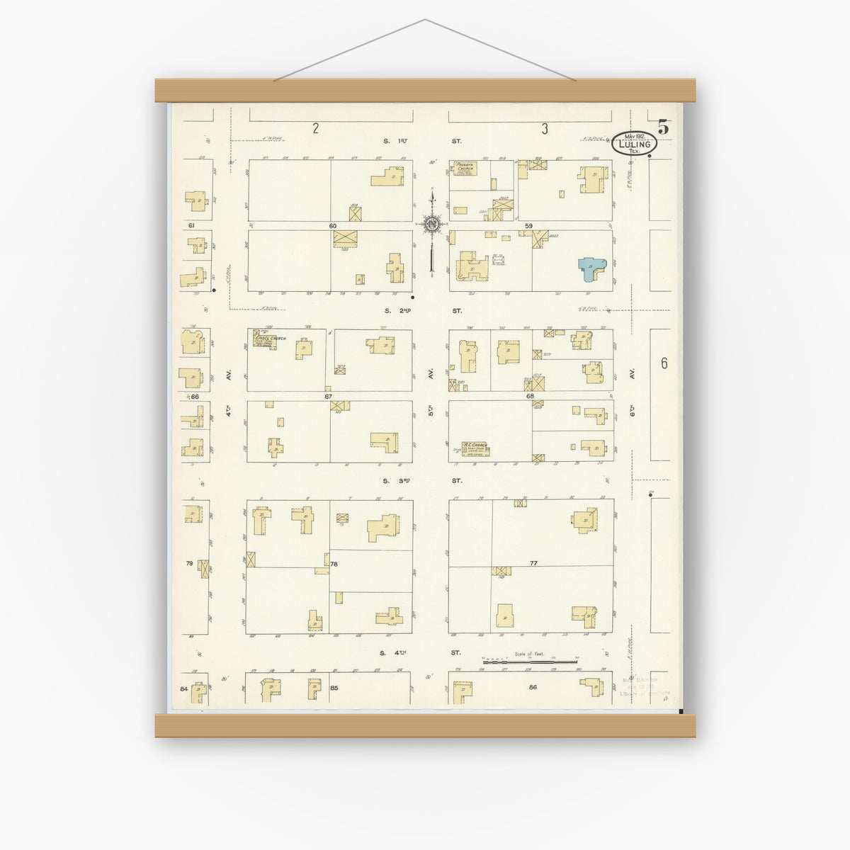 Old map wall art mockup — magnetic wood frame on white wall — Sanborn Fire Insurance Map from Luling, Caldwell County, Texas (1912), Sheet #0005
