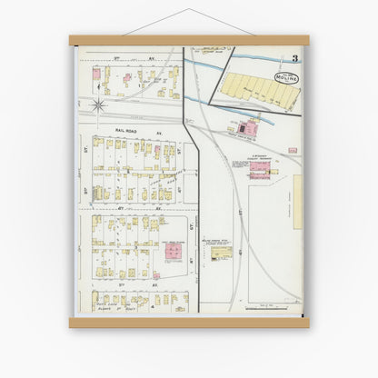 Old map wall art mockup — magnetic wood frame on white wall — Sanborn Fire Insurance Map from Moline, Rock Island County, Illinois (1892), Sheet #0003