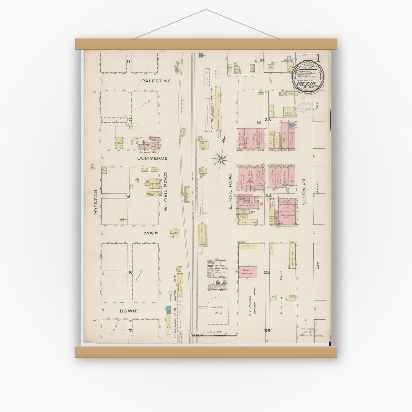Old map wall art mockup — magnetic wood frame on white wall — Sanborn Fire Insurance Map from Mexia, Limestone County, Texas (1885) - Complete Map Set
