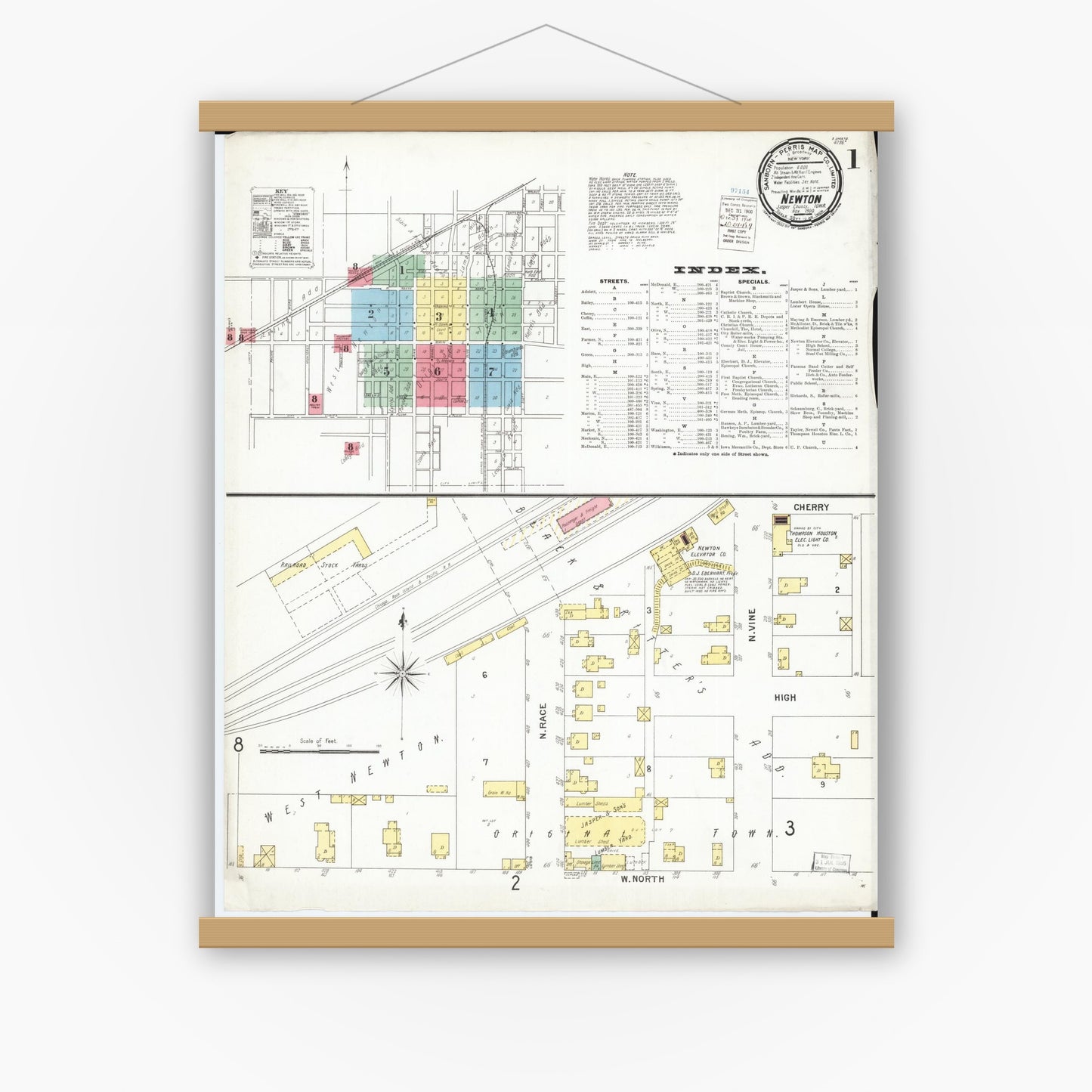 Old map wall art mockup — magnetic wood frame on white wall — Sanborn Fire Insurance Map from Newton, Jasper County, Iowa (1900) â€” Complete Set