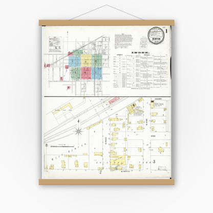 Old map wall art mockup — magnetic wood frame on white wall — Sanborn Fire Insurance Map from Newton, Jasper County, Iowa (1900) â€” Complete Set