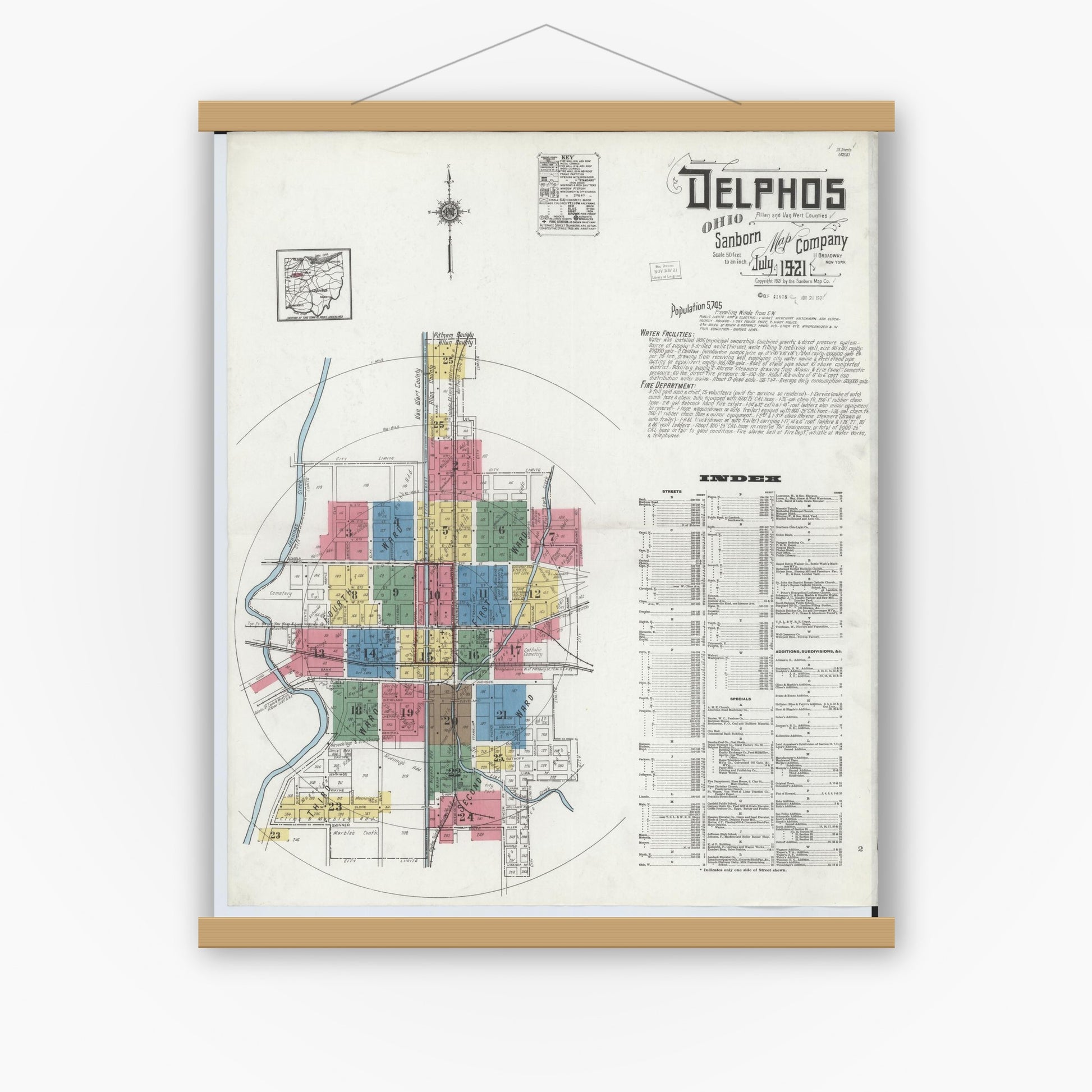 Old map wall art mockup — magnetic wood frame on white wall — Sanborn Fire Insurance Map from Delphos, Van Wert And Allen Counties, Ohio (1921), Sheet #0001