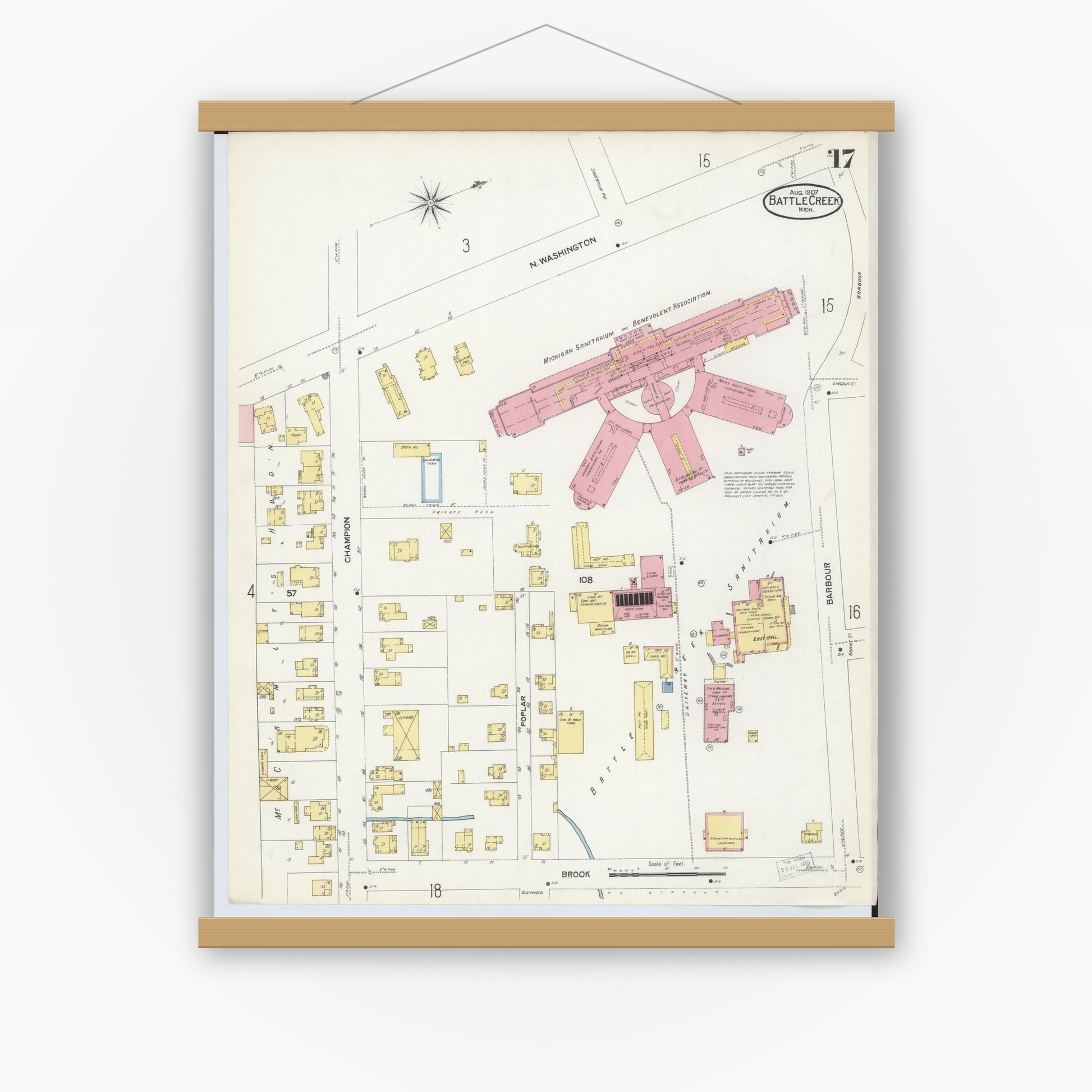 Old map wall art mockup — magnetic wood frame on white wall — Sanborn Fire Insurance Map from Battle Creek, Calhoun County, Michigan (1907), Sheet #0017