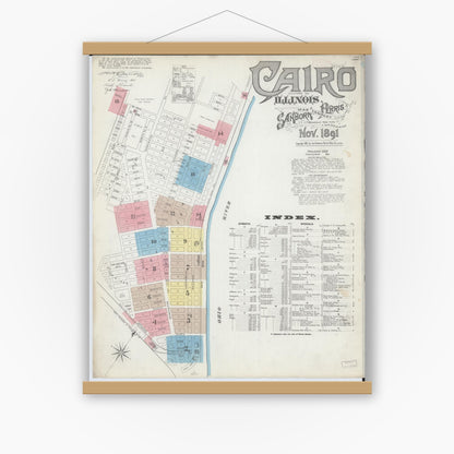 Old map wall art mockup — magnetic wood frame on white wall — Sanborn Fire Insurance Map from Cairo, Alexander County, Illinois (1891) - Complete Map Set