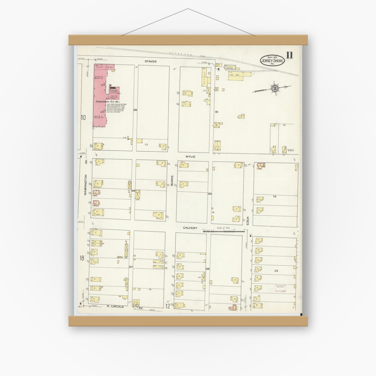 Old map wall art mockup — magnetic wood frame on white wall — Sanborn Fire Insurance Map from Jersey Shore, Lycoming County, Pennsylvania (1913), Sheet #0011