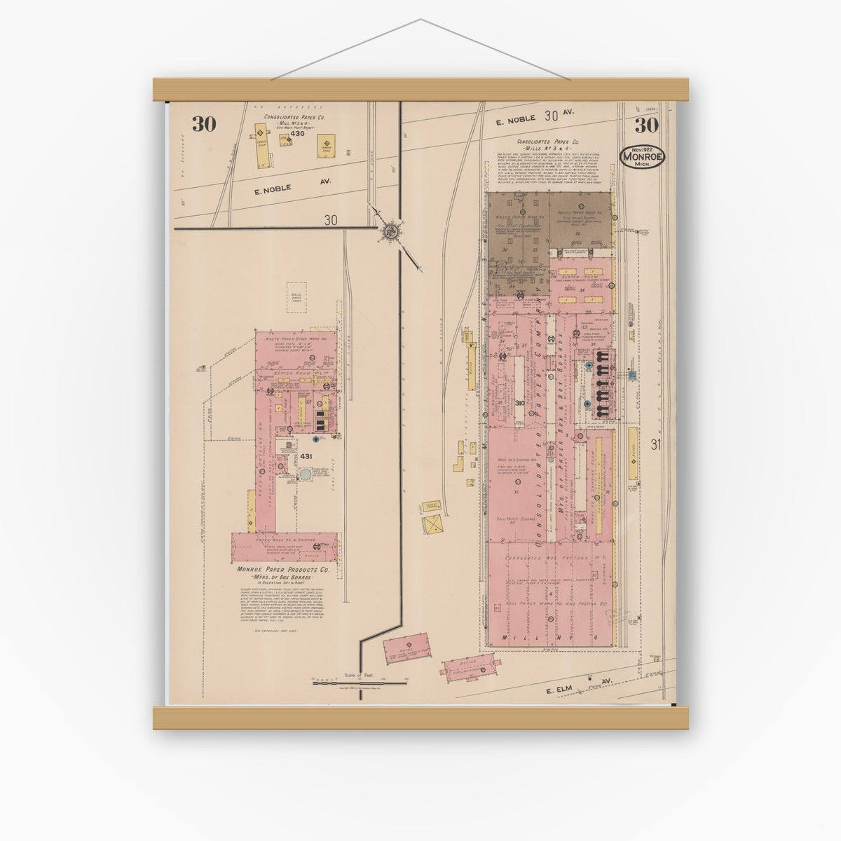 Old map wall art mockup — magnetic wood frame on white wall — Sanborn Fire Insurance Map from Monroe, Monroe County, Michigan (1922), Sheet #0030