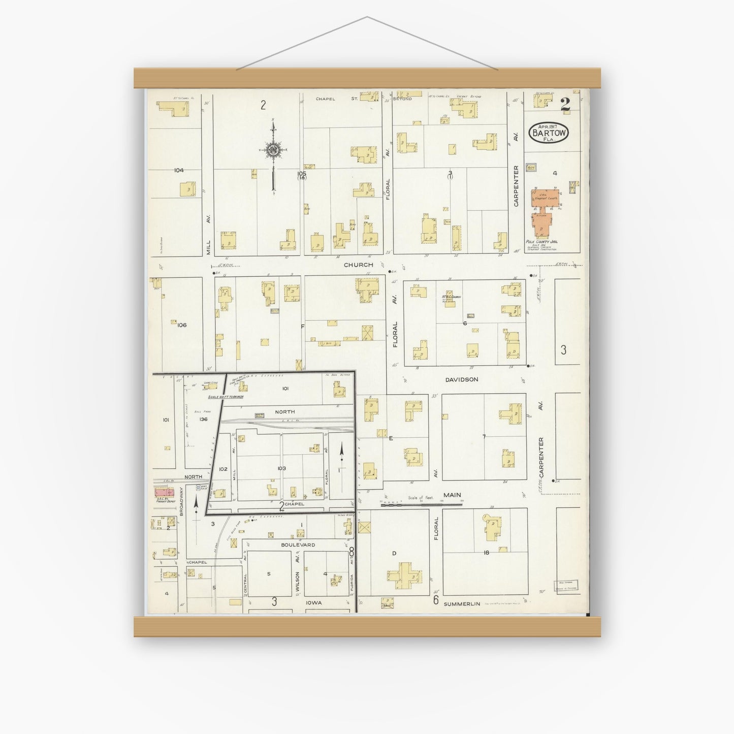 Old map wall art mockup — magnetic wood frame on white wall — Sanborn Fire Insurance Map from Bartow, Polk County, Florida (1917), Sheet #0002