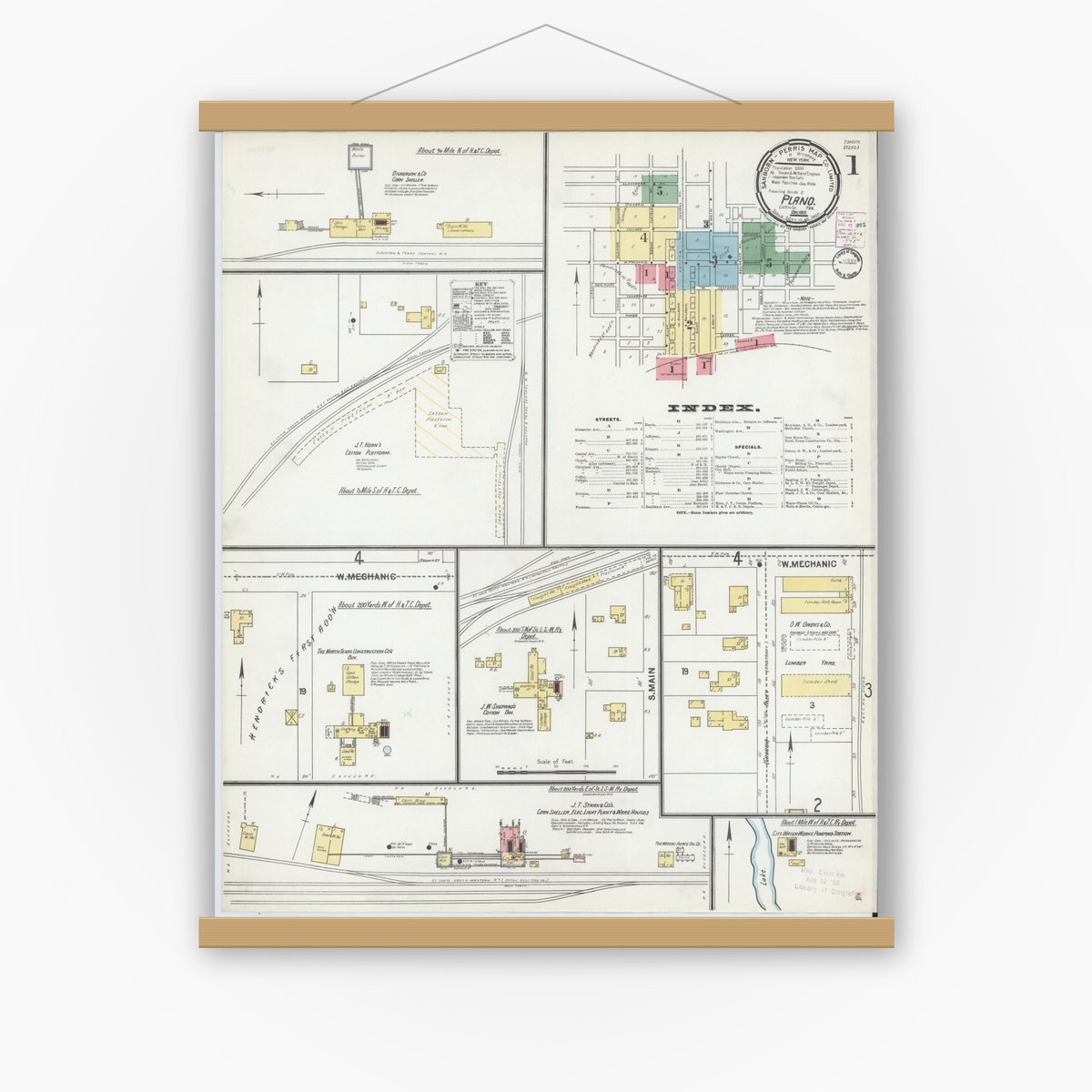 Old map wall art mockup — magnetic wood frame on white wall — Sanborn Fire Insurance Map from Plano, Collin County, Texas (1901), Sheet #0001