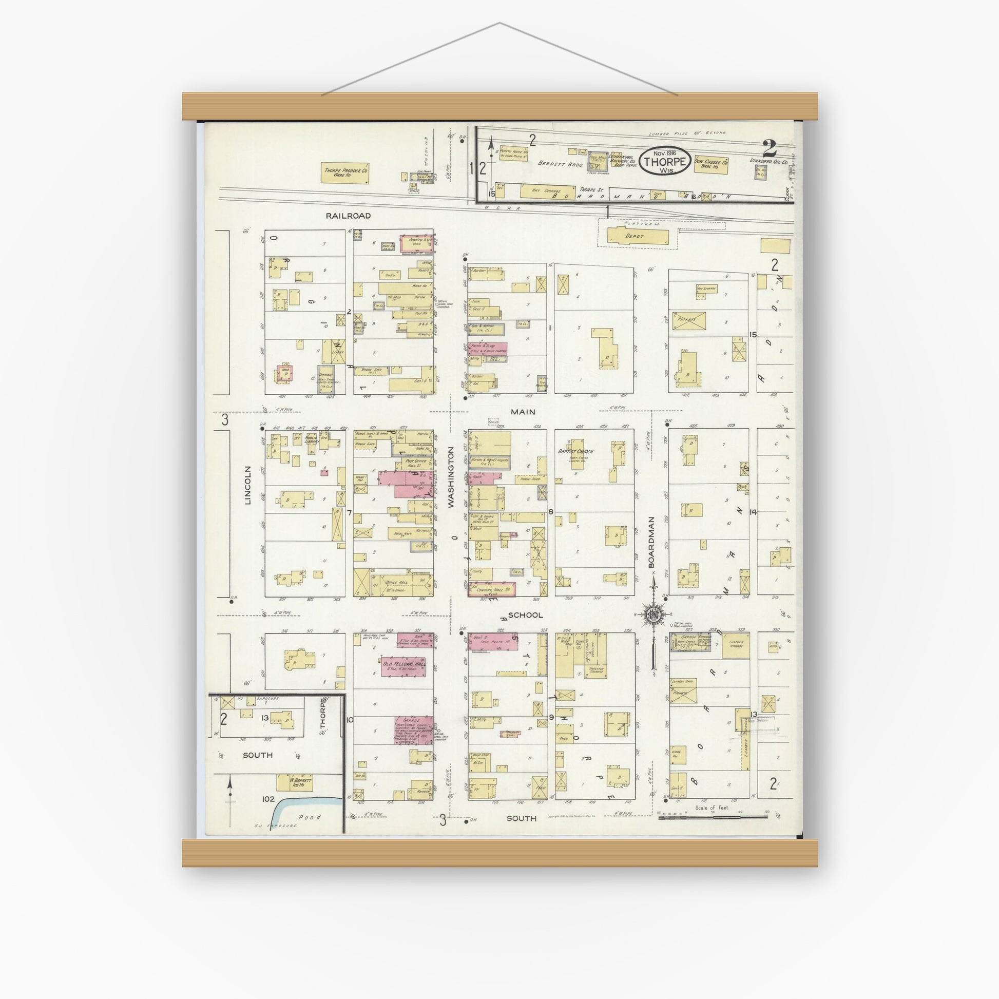 Old map wall art mockup — magnetic wood frame on white wall — Sanborn Fire Insurance Map from Thorpe, Clark County, Wisconsin (1916), Sheet #0002