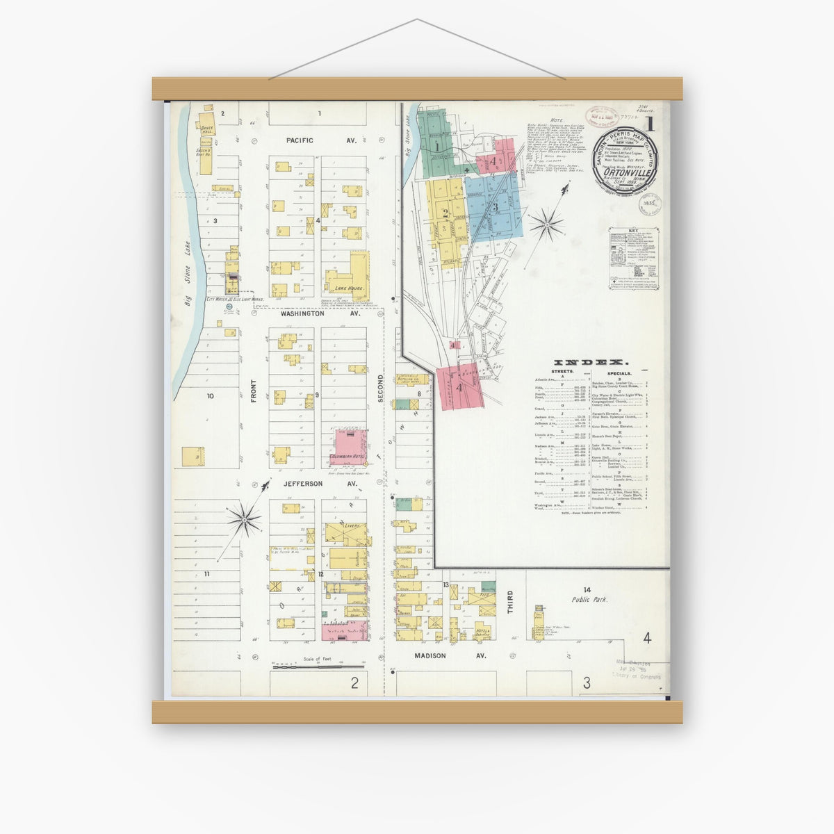 Old map wall art mockup — magnetic wood frame on white wall — Sanborn Fire Insurance Map from Ortonville, Big Stone County, Minnesota (1899) - Complete Map Set