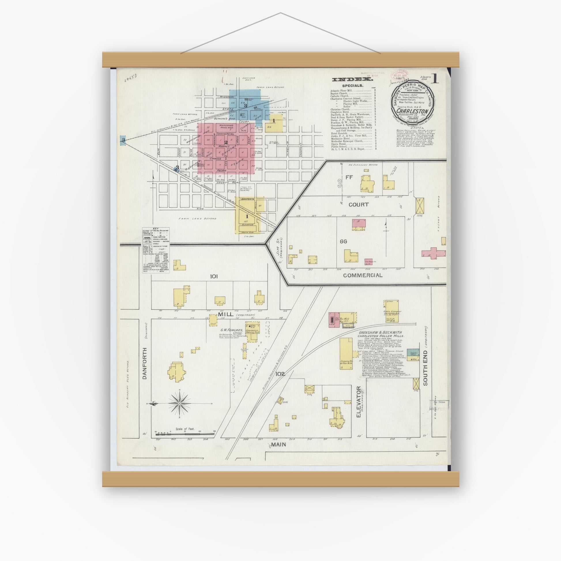 Old map wall art mockup — magnetic wood frame on white wall — Sanborn Fire Insurance Map from Charleston, Mississippi County, Missouri (1893) - Complete Map Set
