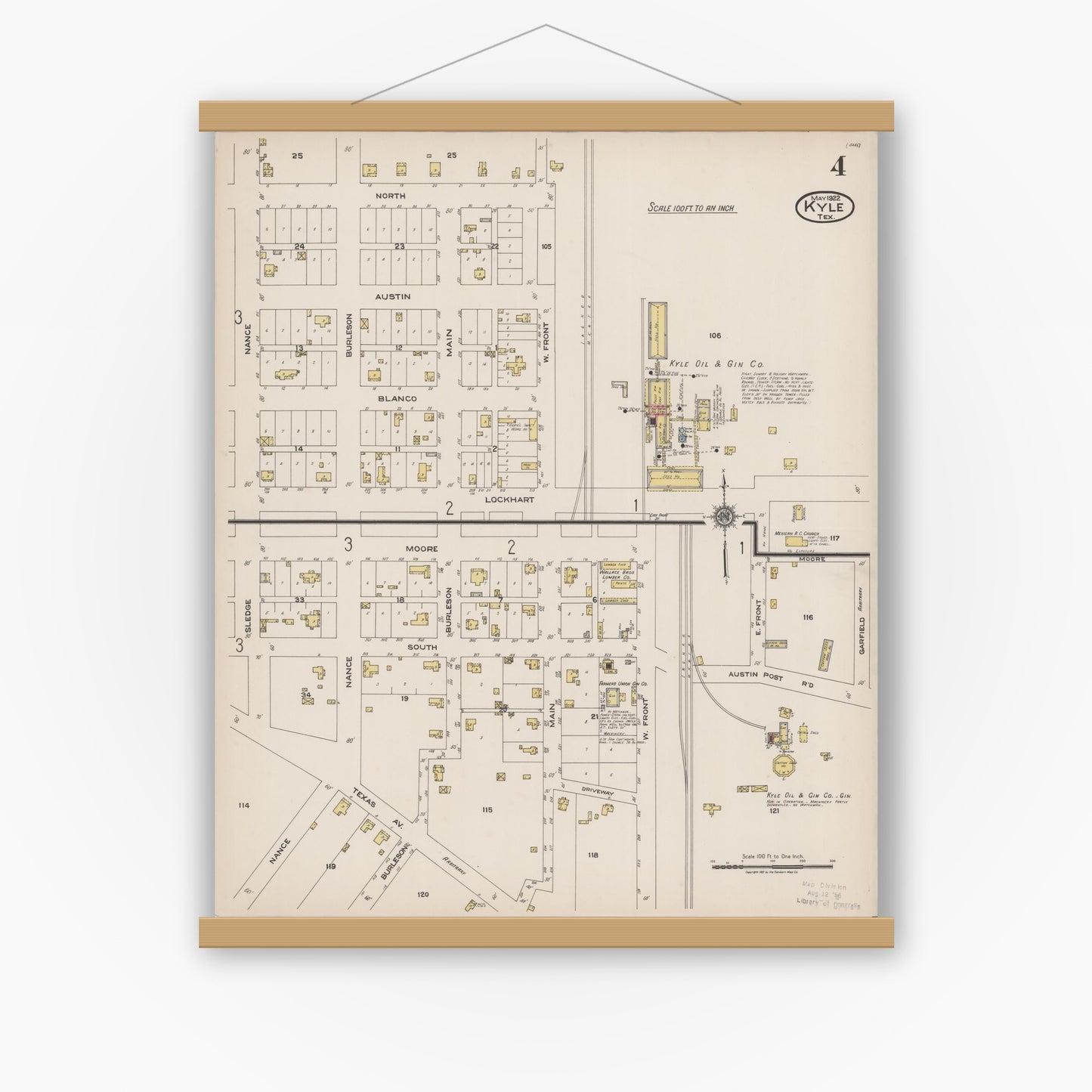 Old map wall art mockup — magnetic wood frame on white wall — Sanborn Fire Insurance Map from Kyle, Hays County, Texas (1922), Sheet #0004