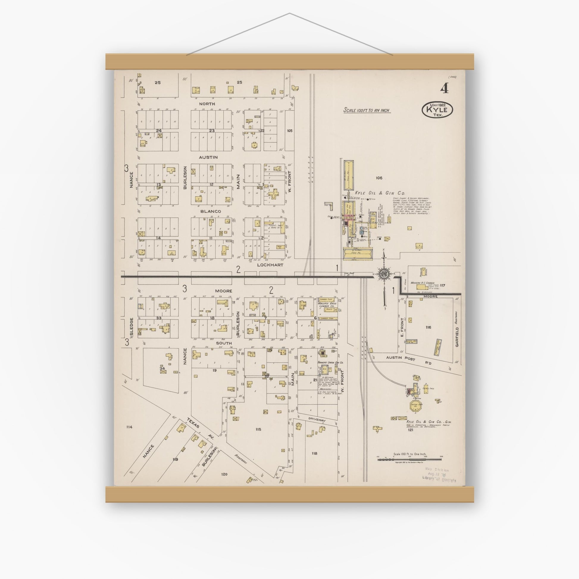 Old map wall art mockup — magnetic wood frame on white wall — Sanborn Fire Insurance Map from Kyle, Hays County, Texas (1922), Sheet #0004