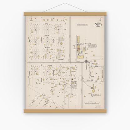 Old map wall art mockup — magnetic wood frame on white wall — Sanborn Fire Insurance Map from Kyle, Hays County, Texas (1922), Sheet #0004