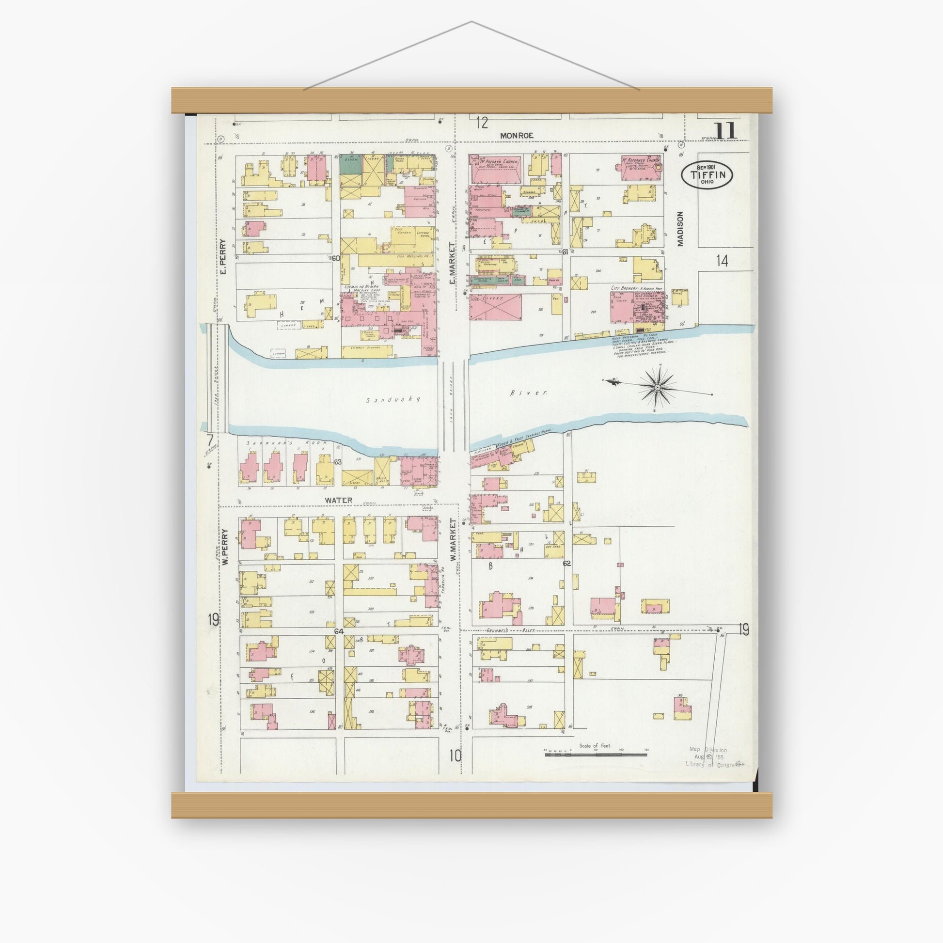 Old map wall art mockup — magnetic wood frame on white wall — Sanborn Fire Insurance Map from Tiffin, Seneca County, Ohio (1901), Sheet #0011
