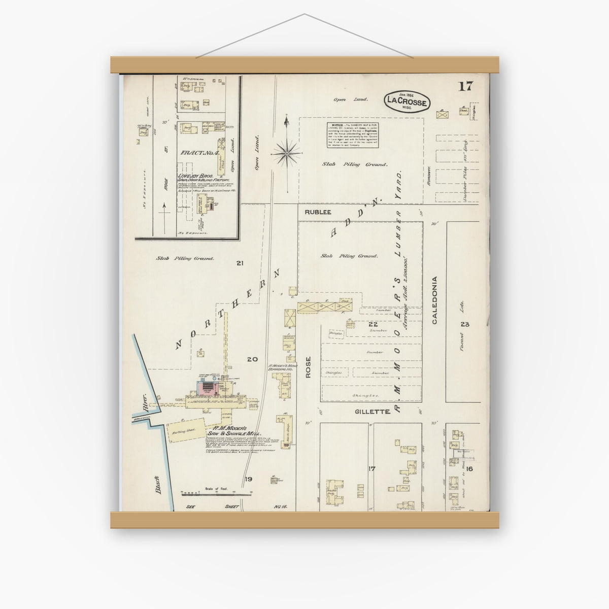 Old map wall art mockup — magnetic wood frame on white wall — Sanborn Fire Insurance Map from La Crosse, La Crosse County, Wisconsin (1884), Sheet #0017