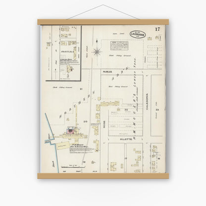 Old map wall art mockup — magnetic wood frame on white wall — Sanborn Fire Insurance Map from La Crosse, La Crosse County, Wisconsin (1884), Sheet #0017