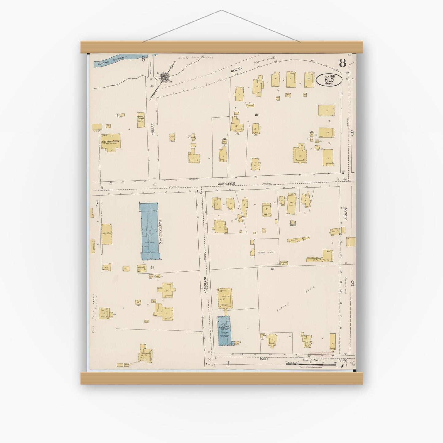 Old map wall art mockup — magnetic wood frame on white wall — Sanborn Fire Insurance Map from Hilo, Hawaii County, Hawaii (1921), Sheet #0008